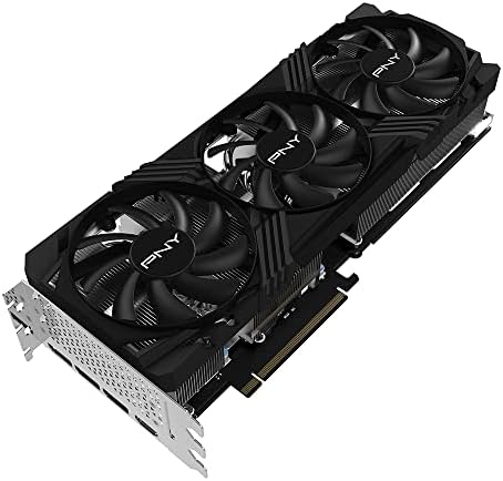 Detailed view of PNY GeForce RTX™ 4070 Ti Super graphics card showcasing its robust build and cooling fans.